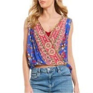Free People Havana Blue Floral Print Sleeveless Surplice Top Small